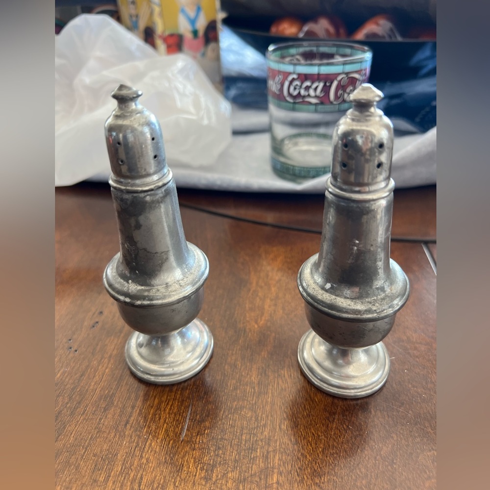 Vintage EMPIRE Pewter Weighted Glass Inside Salt & Pepper Shakers 5 1/4" Tall